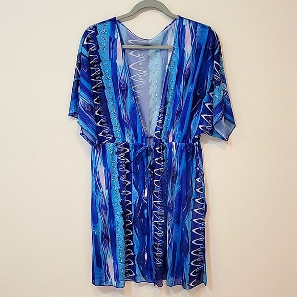 Cupshe Women's Swim Cover Up Short Dress Mini Blue Tropical Front Tie Large NWT - Picture 1 of 4